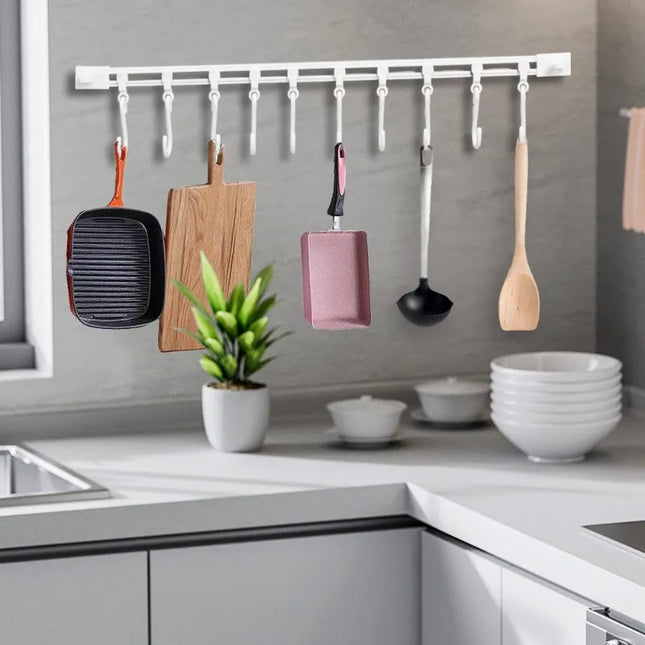 No-Drill Kitchen Cabinet Hanging Rail - Sticky Hook Organizer for Cooking Tools & Utensils