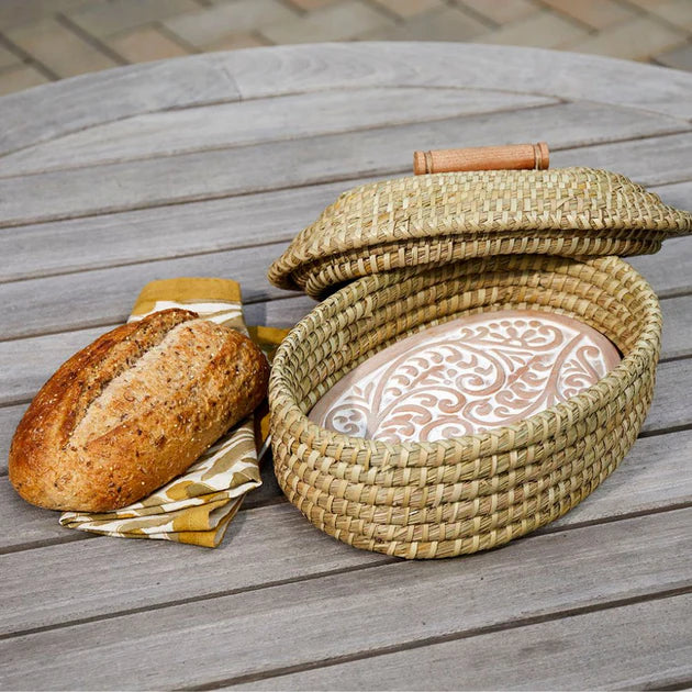 Handcrafted Oval Terracotta Bread Warmer with Wicker Basket
