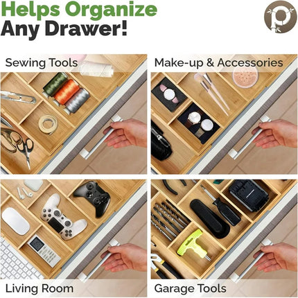 Bamboo Drawer Organizer - 4 Adjustable Dividers with Labels