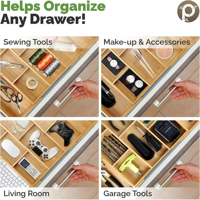 Bamboo Drawer Organizer - 4 Adjustable Dividers with Labels