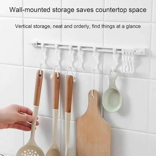 No-Drill Kitchen Cabinet Hanging Rail - Sticky Hook Organizer for Cooking Tools & Utensils