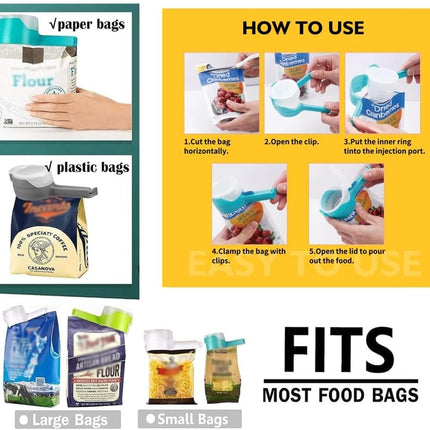 Food Storage Bag Clips with Pour Spout – Reusable Cap Sealers