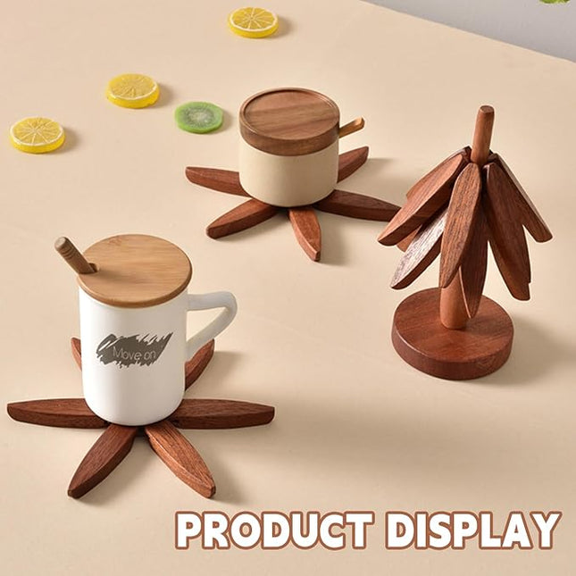 Tree Shape Wooden Trivet Set - 4 Walnut Wood Trivets with Foldable Stand