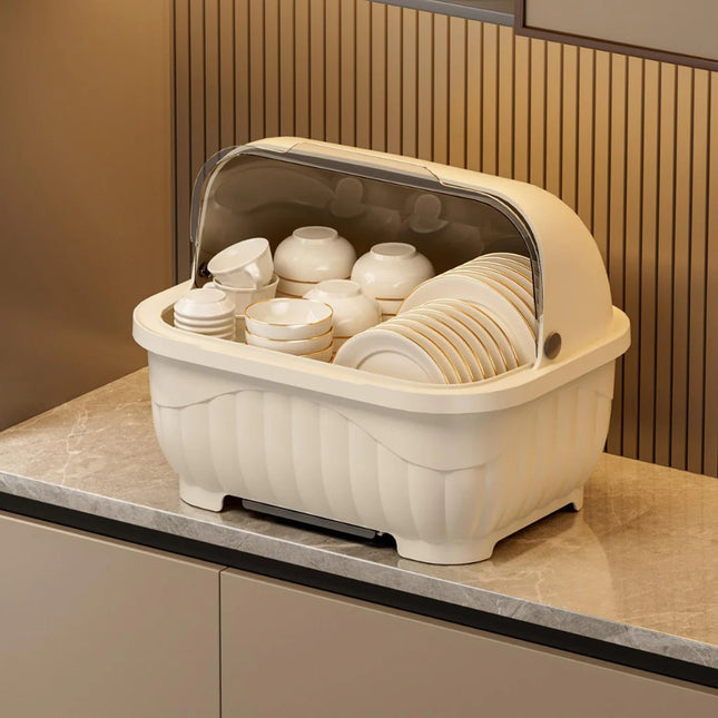 Double-Layer Kitchen Dish Rack with Dustproof Lid & Drain Tray – Space-Saving Drying Organizer