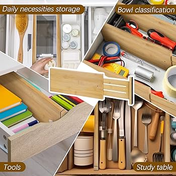 Bamboo Drawer Organizer - 4 Adjustable Dividers with Labels