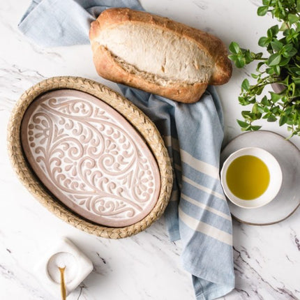 Handcrafted Oval Terracotta Bread Warmer with Wicker Basket