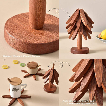 Tree Shape Wooden Trivet Set - 4 Walnut Wood Trivets with Foldable Stand
