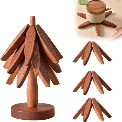 Tree Shape Wooden Trivet Set - 4 Walnut Wood Trivets with Foldable Stand
