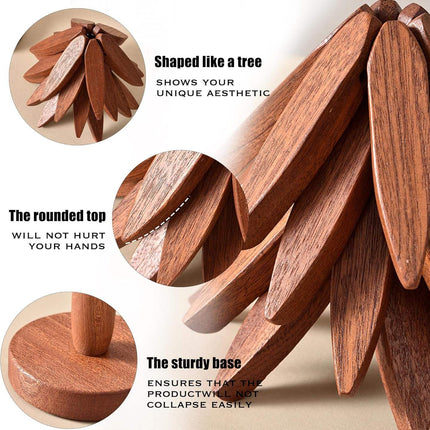 Tree Shape Wooden Trivet Set - 4 Walnut Wood Trivets with Foldable Stand