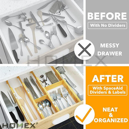 Bamboo Drawer Organizer - 4 Adjustable Dividers with Labels