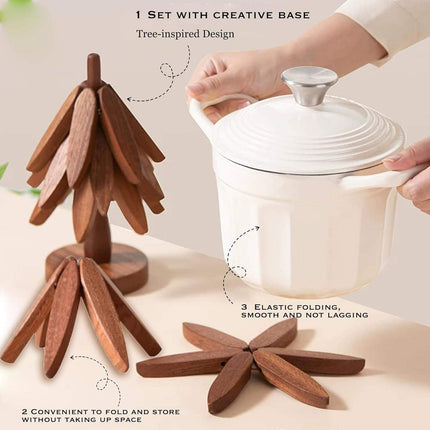 Tree Shape Wooden Trivet Set - 4 Walnut Wood Trivets with Foldable Stand
