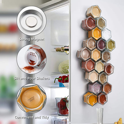 Magnetic Spice Jars - 4oz Hexagon Glass Containers for Kitchen Organization