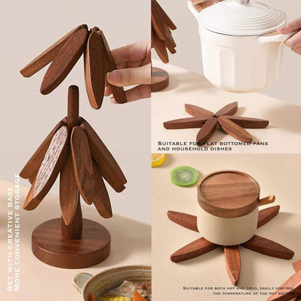 Tree Shape Wooden Trivet Set - 4 Walnut Wood Trivets with Foldable Stand