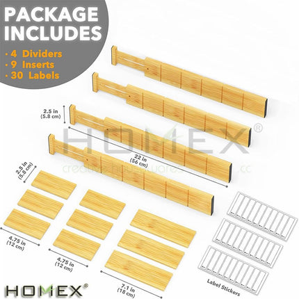Bamboo Drawer Organizer - 4 Adjustable Dividers with Labels