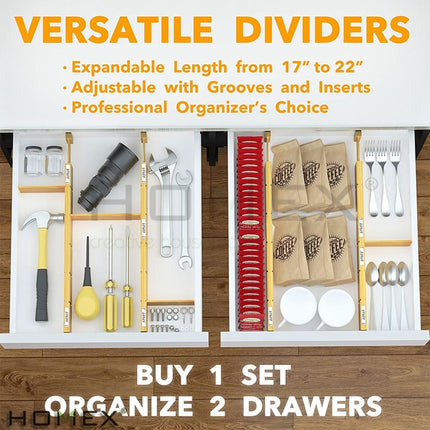 Bamboo Drawer Organizer - 4 Adjustable Dividers with Labels