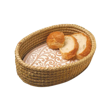 Handcrafted Oval Terracotta Bread Warmer with Wicker Basket