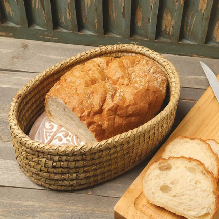 Handcrafted Oval Terracotta Bread Warmer with Wicker Basket