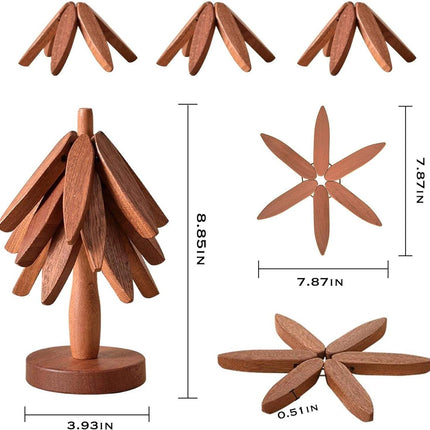 Tree Shape Wooden Trivet Set - 4 Walnut Wood Trivets with Foldable Stand
